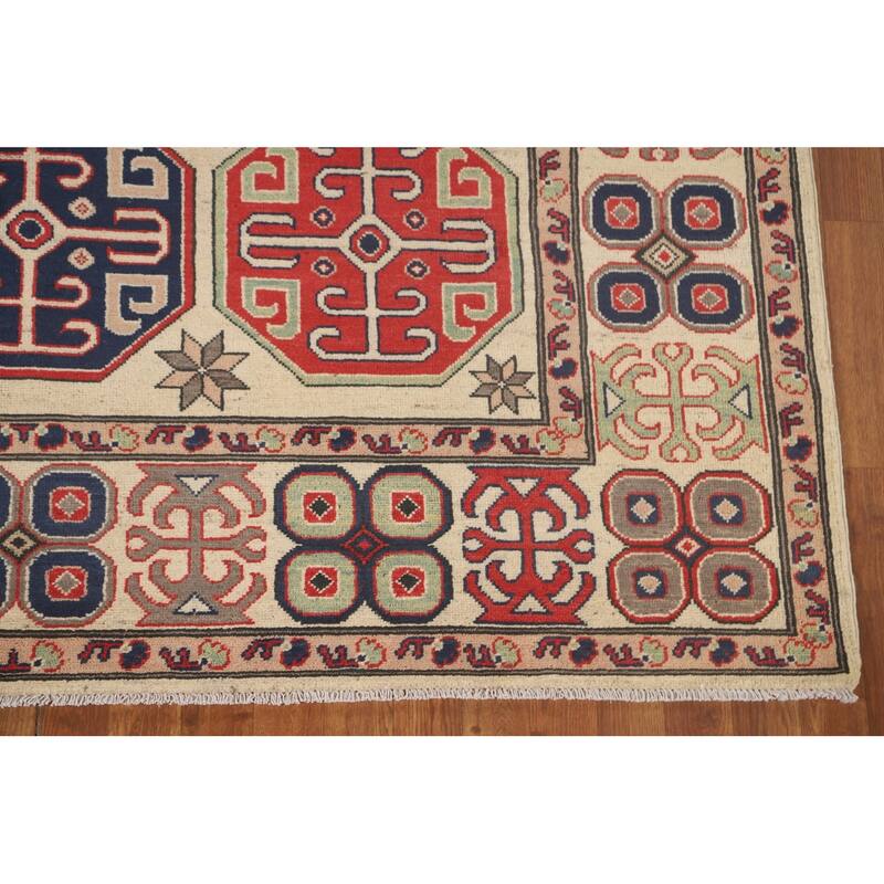 All-Over Geometric Kazak Area Rug Handmade Wool Carpet - 6'9" x 9'6"