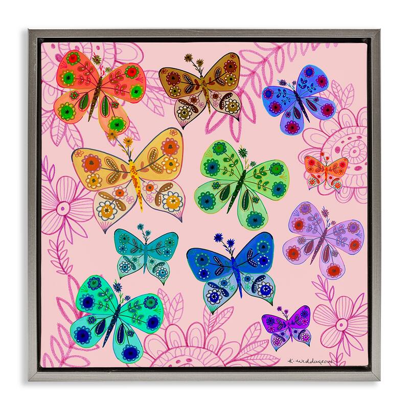 Stupell Bright Patterned Butterflies Framed Floater Canvas Wall Art Design By Kay Widdowson - 25 x 25 - Grey