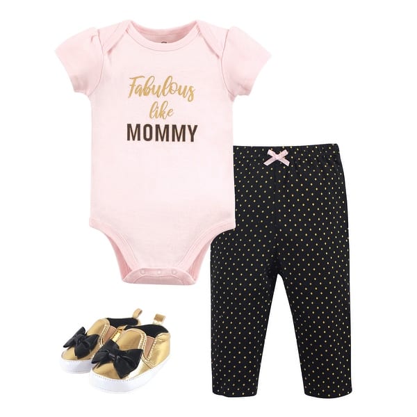 slide 1 of 1, Little Treasure Baby Girl Cotton Bodysuit, Pant and Shoe 3pc Set, Fabulous 0-3 Months - Fabulous