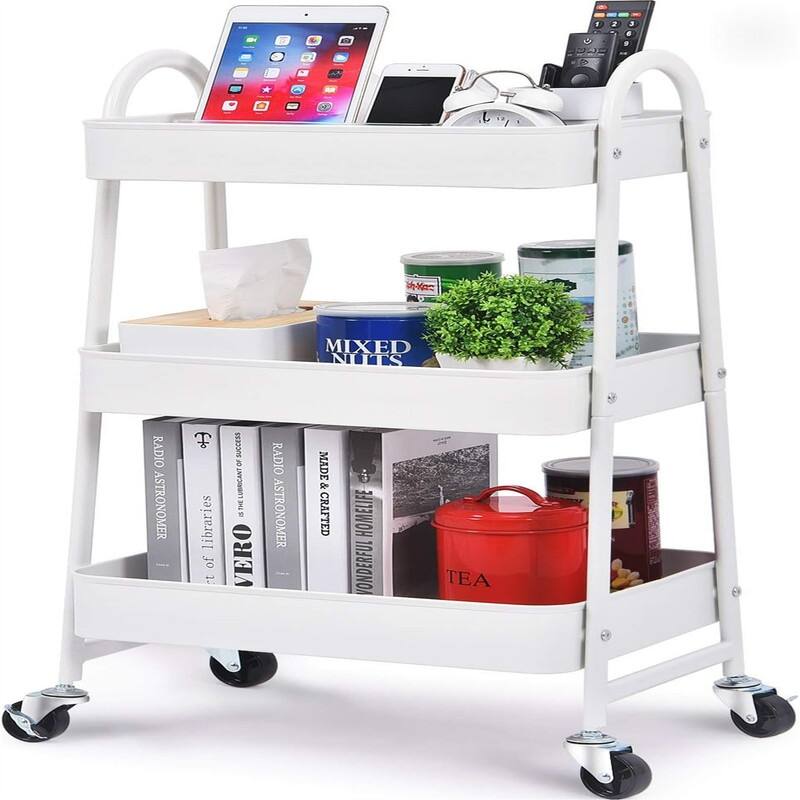 3-Tier Rolling Cart - 16.9"D x 12"W x 32.2"H - Metal Finish - White