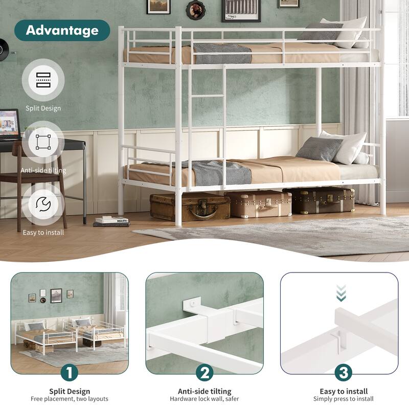 Bunk Bed Twin Over Twin, Metal Bunk Bed with Built-in Ladder and Safety Guardrail, Space-Saving Twin Bunk Beds