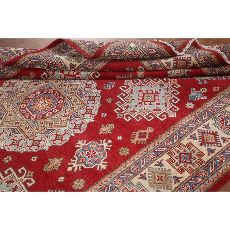 Hand Knotted Oriental 100% Wool Carpet Traditional Geometric Red Kazak Area Rug - 10' 5'' X 6' 3''