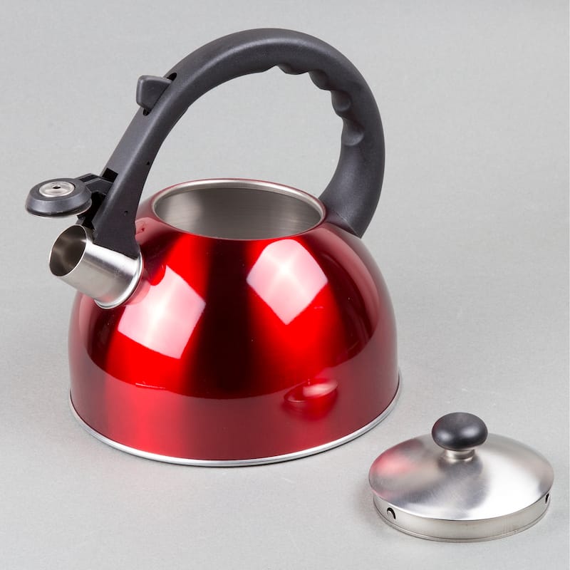 Creative Home Satin Splendor 2.8 Quart Stainless Steel Whistling Tea Kettle with Aluminum Capsulated Bottom, Metallic Cranberry