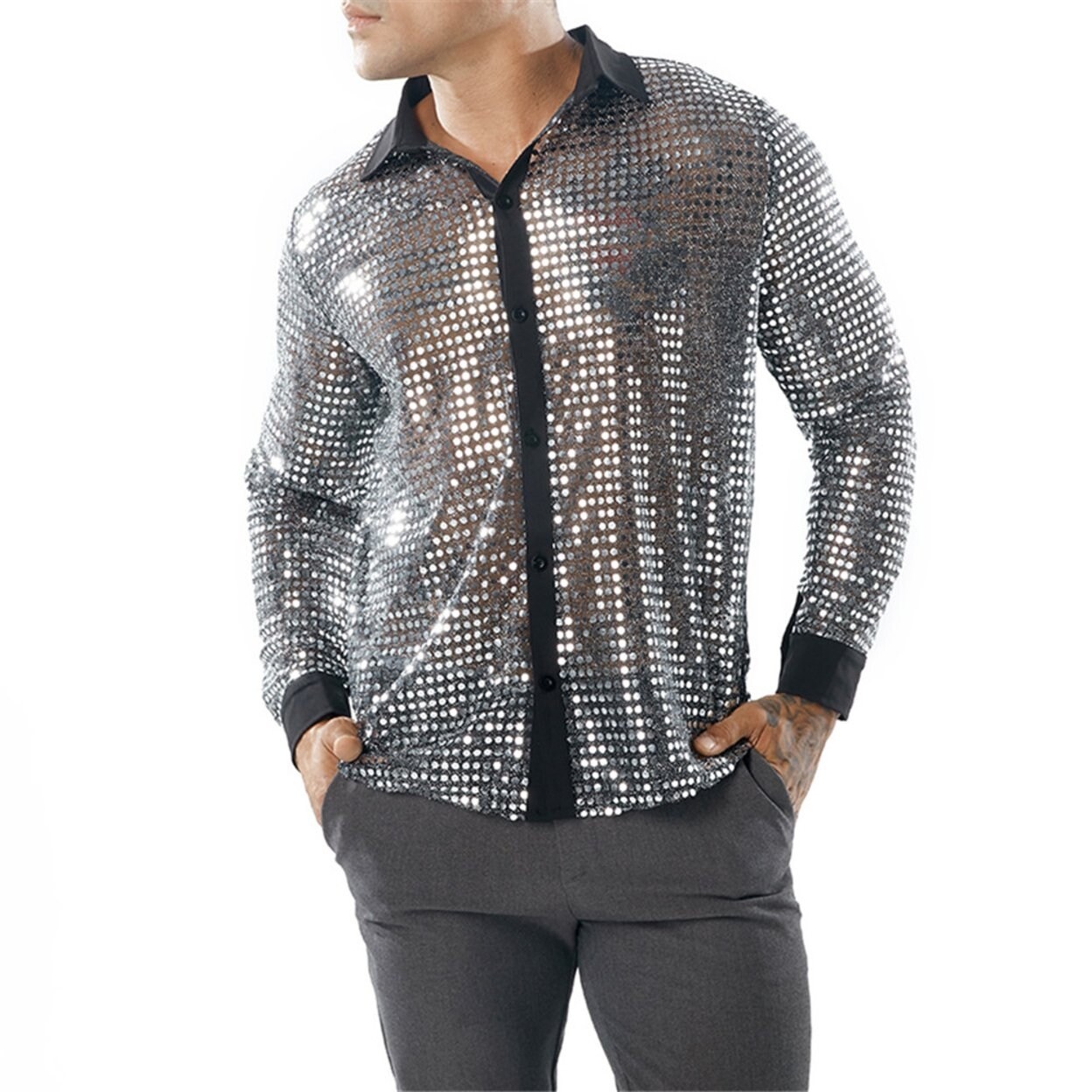 Shop Mens Hipster Gold Dress Shirts Slim Fit Long Sleeve Mesh