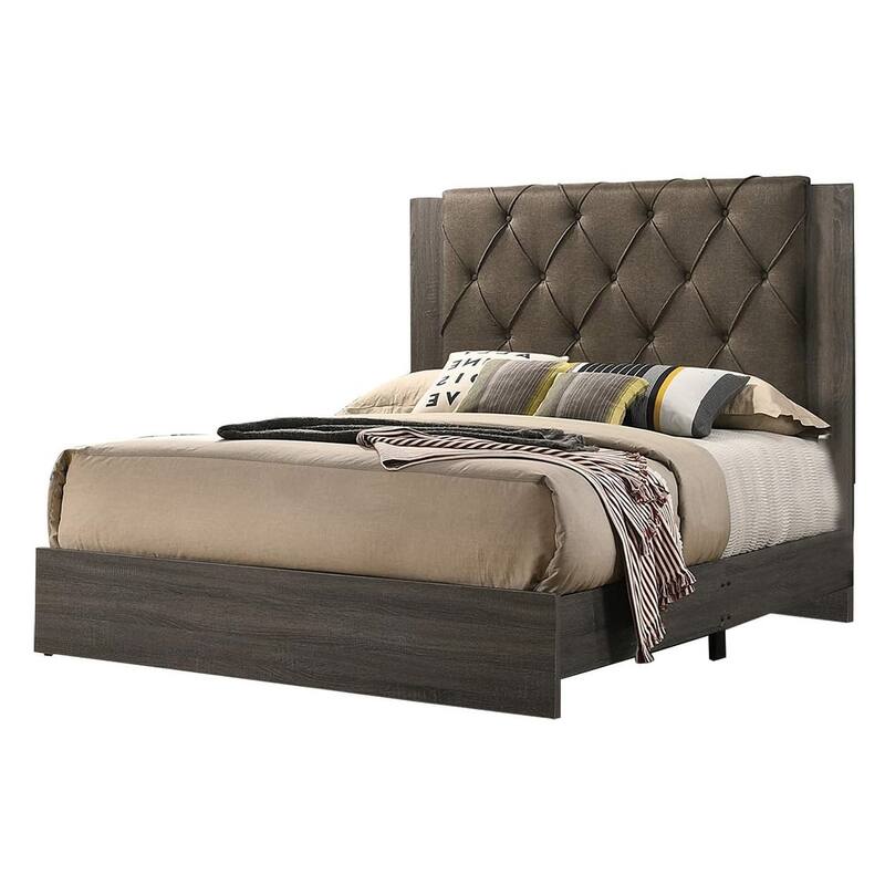 Queen Size Tufted Headboard Bed Frame in Gray Finish with Rubberwood Design