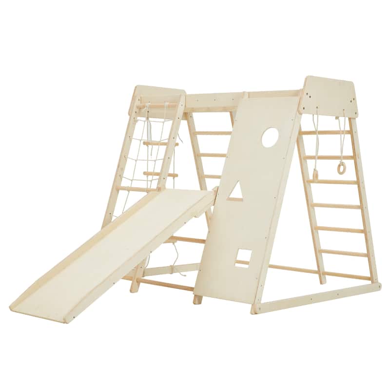EROMMY 8-in-1 Wooden Climbing Gym for Kids - Indoor Playground Set with Slide, Monkey Bars, Climbing Wall, Wood & Rope Ladder