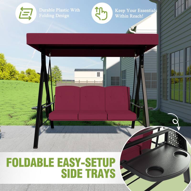 VEIKOUS 3-Seat 2-in-1 Convertible Patio Porch Swing with Adjustable Canopy Swing and Cushion