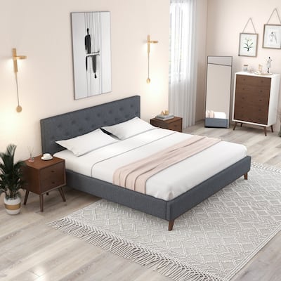 King Size Fabric Platform Bed with Tufted Headboard and Wood Slats and No Box Spring Needed