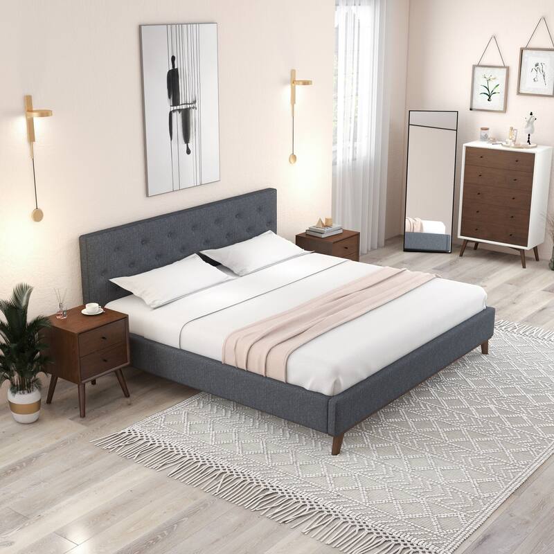 Queen Size Modern Upholstered Platform Bed with Tufted Headboard and Solid Wood Frame, Fabric Grey - Grey - Queen