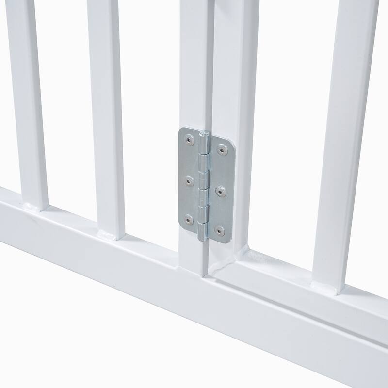 White Twin Size Metal House Bed with Fence and Play Door for Kids