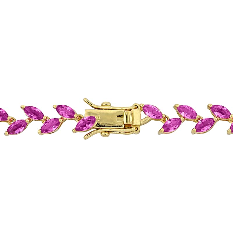Miadora 29 1/2ct TGW Created Pink Sapphire Leaf Necklace in Yellow Silver-17 in