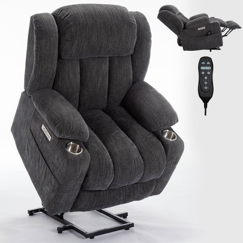 Casual Chenille Power Lift Recliner Chair, Lving Room Single Massage Sofa Chair w/Lumbar Heating, Type-C Ports and Cup Holders