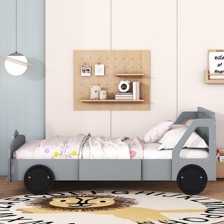 Gray Nordic Full Size Car-Shaped All-in-One Platform Bed w/ Wheels Creative Panel Bed Frame for Kids, Teens, Easy Assembly