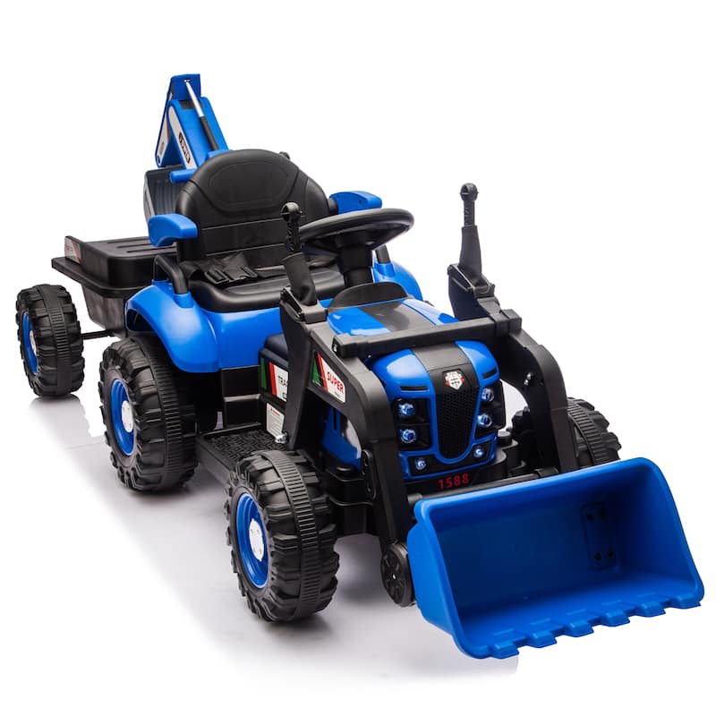 24V Kids Electric Ride-On Tractor Toy with 4-in-1 Attachments, Remote Control & Music - Blue