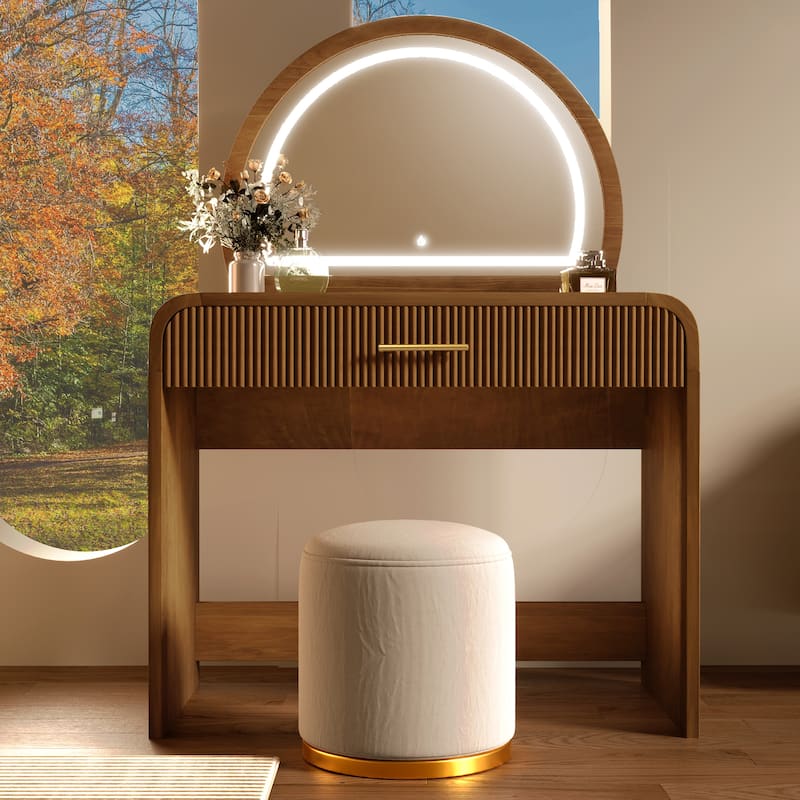 39" Makeup Vanity Table with LED Touch Screen Lighted Mirror, Curved Dressing Table Office Desk with Drawer