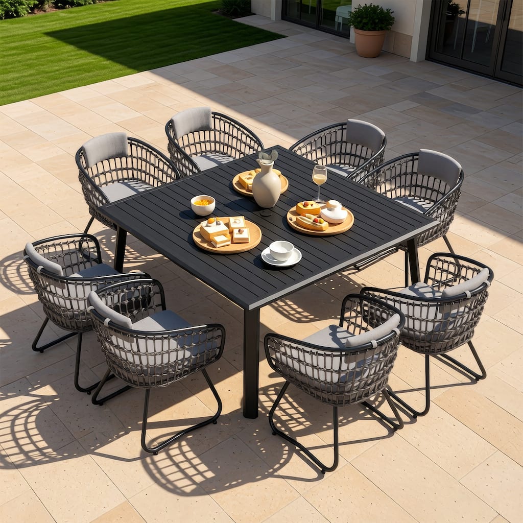 9-Piece Outdoor Patio Dining Set All-Weather Aluminum Square Table with Umbrella Hole and Cushioned Rattan Chairs