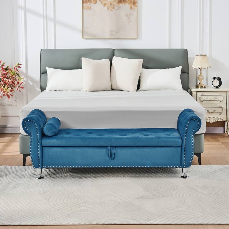 Velvet Storage Bench 62.2 Inch Upholstered Tufted Ottoman Bench with Rolled Arms, Large End of Bed Bench with Rivet Decoration - Blue