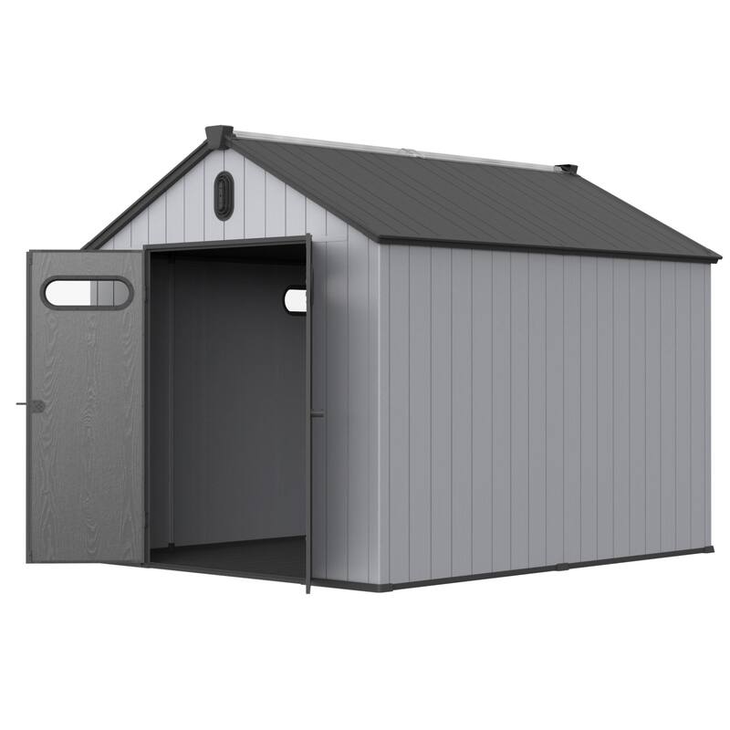 Waterproof Resin Garden Shed with Double Wall Panels & Rain Gutter Weatherproof Storage Shed, Hinged Double Doors