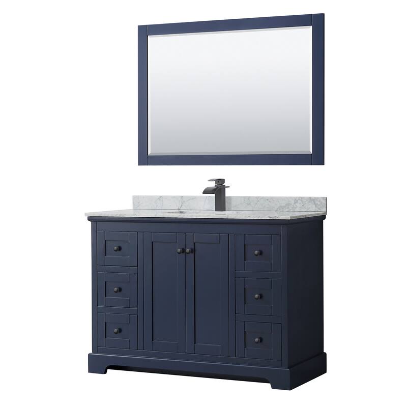 Wyndham Collection Avery 48" Free Standing Single Basin Vanity Set - Dark Blue / White Carrara Marble Top / Matte Black - Painted