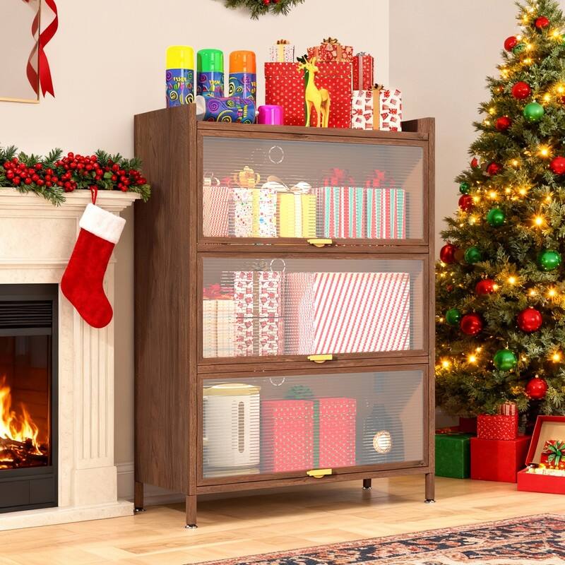 44" Walnut Finish Steel Storage Cabinet - 3-Tier Flip Door Organizer