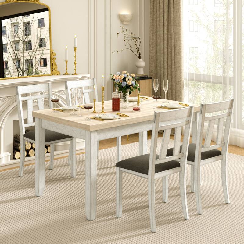 Javlergo Dining Table Set, Solid Wood Kitchen Table Set with 4 Upholstered Chairs for Kitchen - 5-Piece Sets - Grey