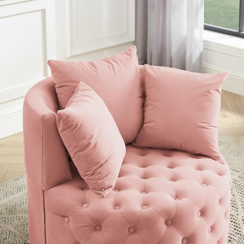 Pink Modern 30" Upholstered Swivel Button Tufted Accent Chair with Movable Wheels and 3 Pillows