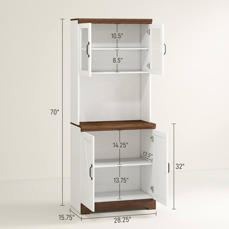Tall Pantry Storage Cabinet with Countertop and Shelves for Kitchen Dining Room Living Room - 28.3" W x 15.7" D x 70.1" H