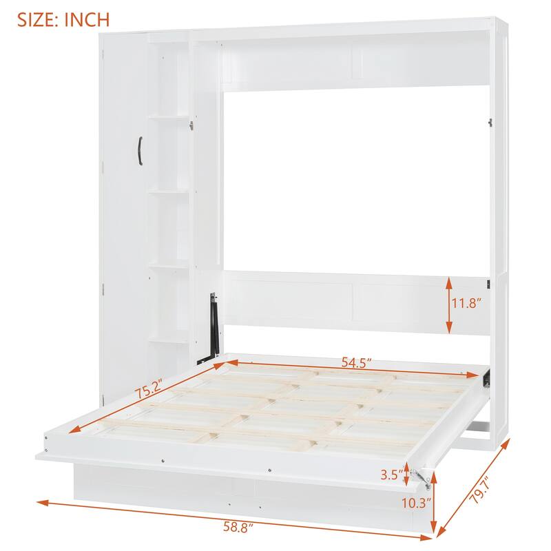 Queen Size Wall Bed with Shelves, Wardrobe, and LED Lights, Space-Saving Design, White