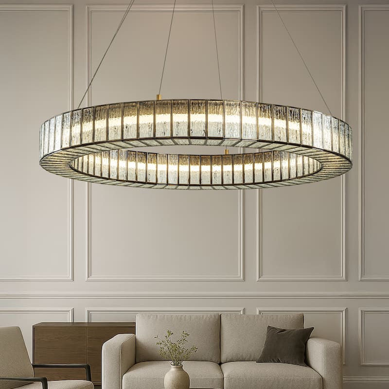 34'' Modern Halo Round Textured Glass Integrated Led Chandelier Brass Empire Led Ceiling Light For Dining Room Living Room