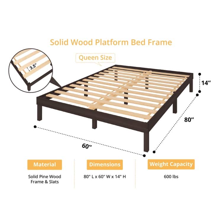 14 Inch Solid Pine Wood Platform Bed Frame No Squeak Bed Frame with Wooden Slats No Box Spring Needed