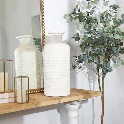 Cream Ceramic Textured Geometric Vase with Checkered Pattern