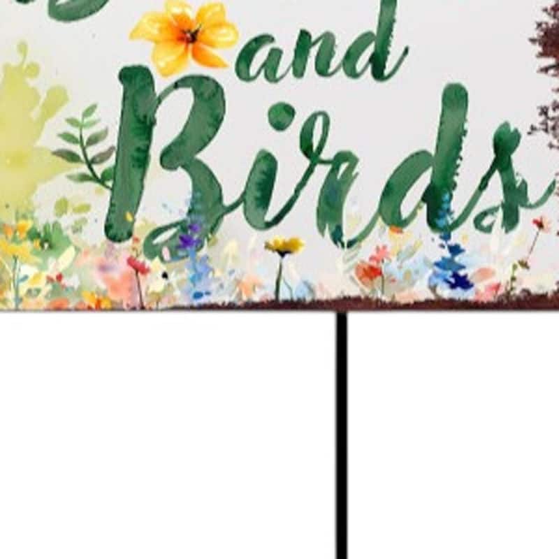 HomeRoots 32" Green Pink And White Solid Wood Floral Bouquet Birds Garden Stake