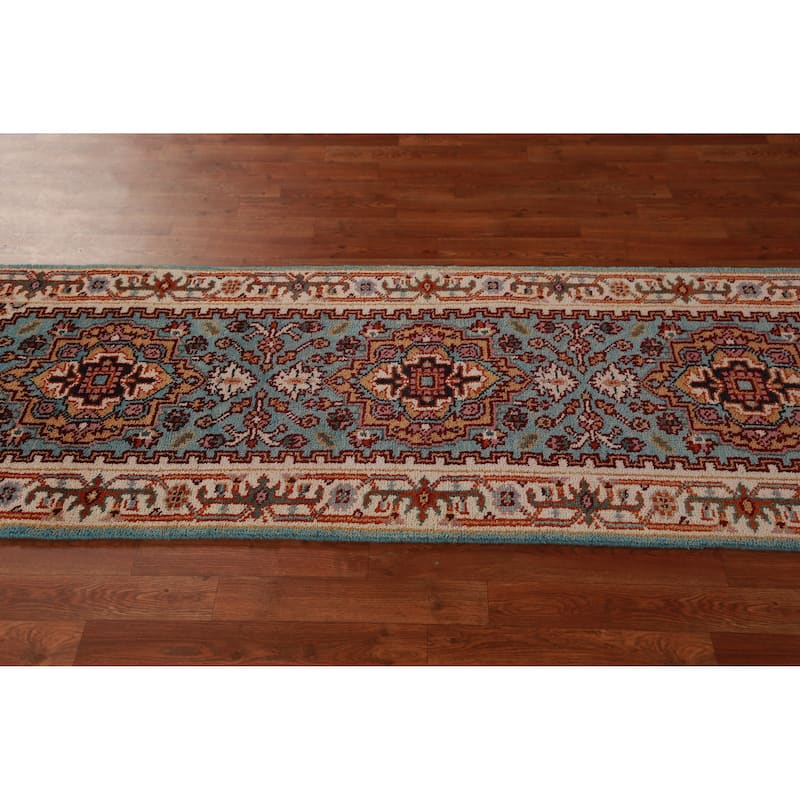 Hand Knotted Oriental 100% Wool Carpet Traditional Geometric Navy Blue & Blues Heriz (serapi) Runner Rug - 8' 0'' X 2' 6''