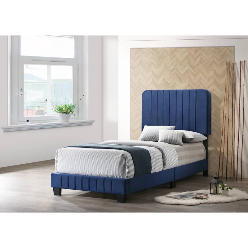 Modern Navy Blue Twin Bed with Velvet Upholstery and Sturdy Wooden Legs - Navy Blue