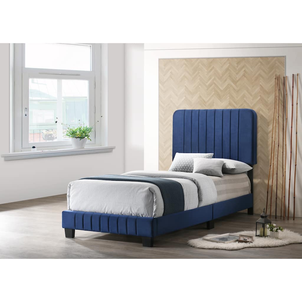Modern Navy Blue Twin Bed with Velvet Upholstery and Sturdy Wooden Legs