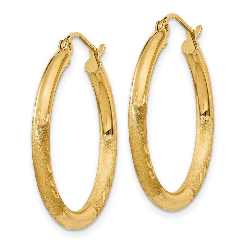 Curata 14k Yellow Gold Satin and Diamond Cut 24x2.5mm Round Hoop Earrings