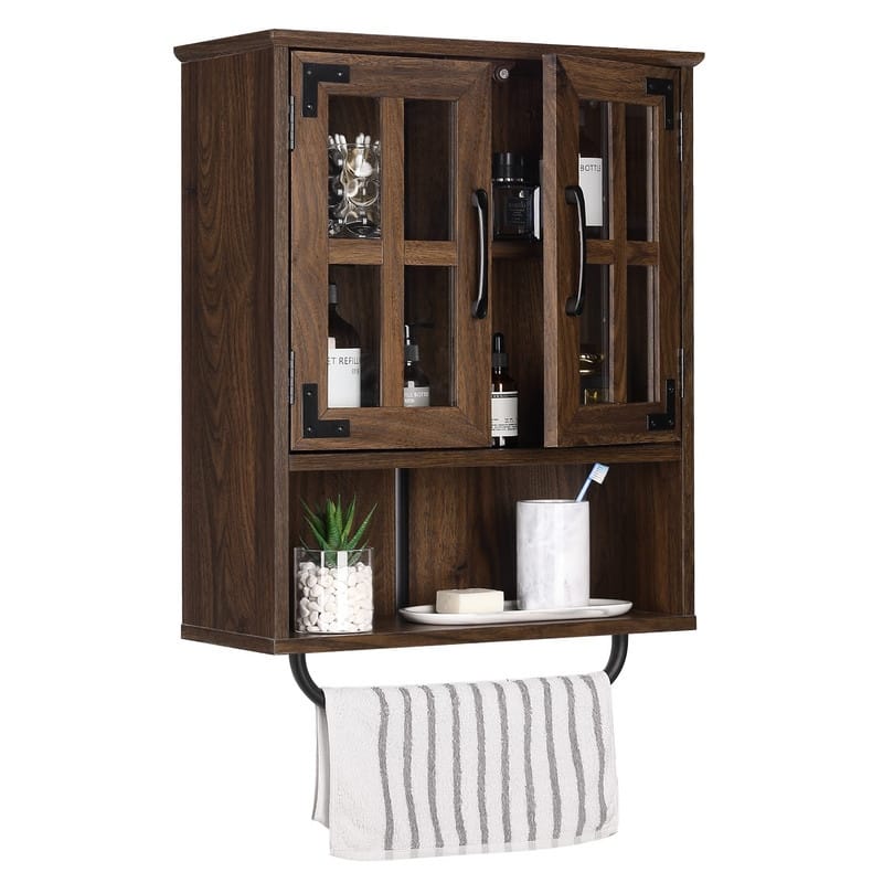 Wood Wall Storage Cabinet with Cross Glass Doors - 8.27"D x 19.3"W x 26.3"H