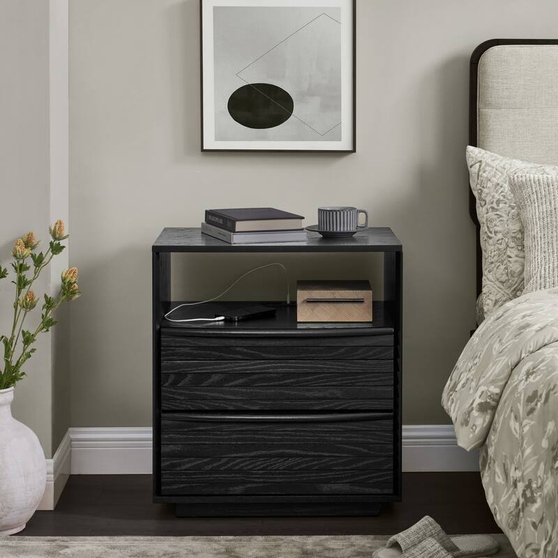 Mid-Century Modern Nightstand with Charging Station,Outlet Hole and 2 Solid Wood Drawers