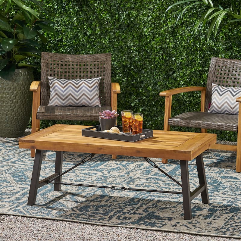 Outdoor Acacia Wood Coffee Table, Teak Finish / Rustic Metal Brown and Black, 27.25"D x 45.75"W x 18"H