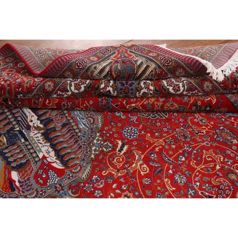 Red Pictorial Animals Kashan Turkish Area Rug Machine Made Carpet - 9'7" x 13'2"