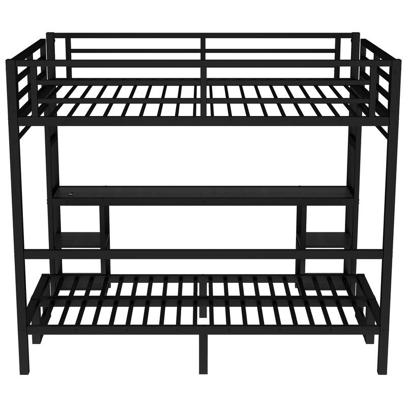 Convertible Queen Over Twin XL Metal Loft Bed with Foldable Sofa, Built-In Desk, Shelves, USB Ports & LED Lighting