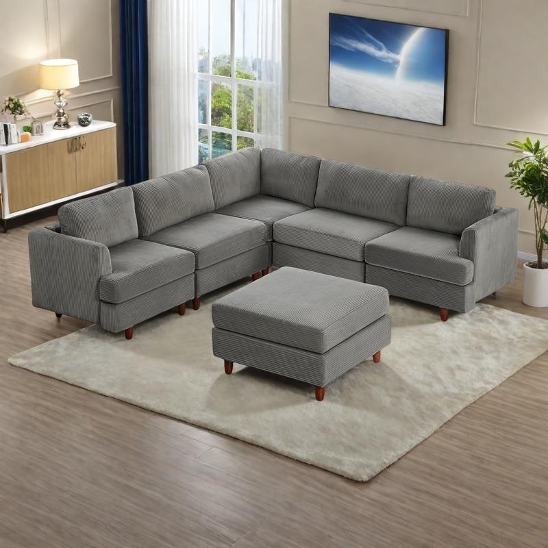 95.6" 6-Seater Modular Corduroy Sectional Sofa with Convertible Sleeper