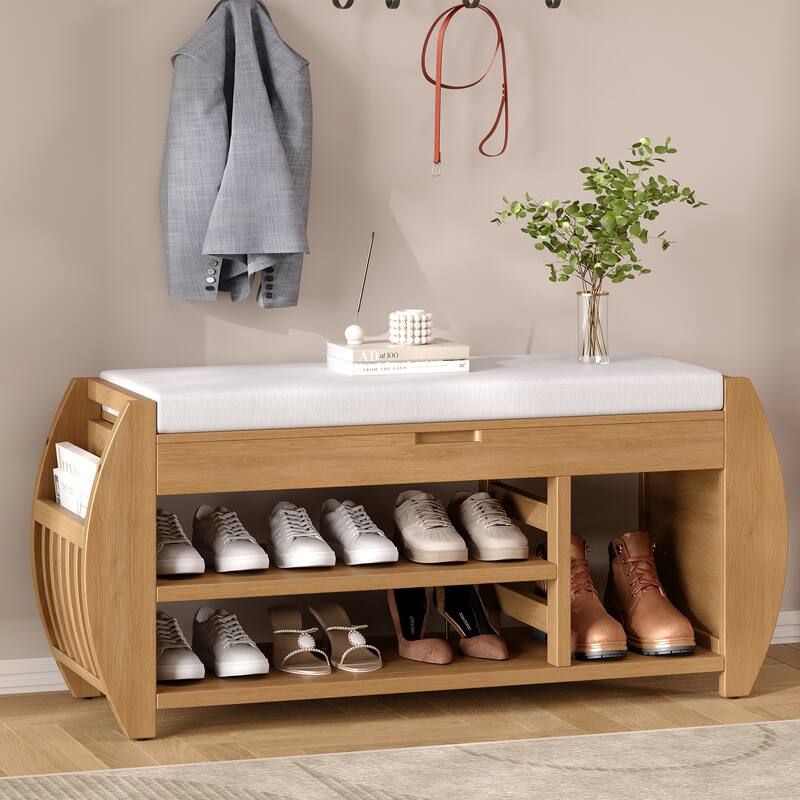 Shoe Bench 2-Tier Storage Bench with Cushion & Curved Side Holder, Wooden Panel Shoe Rack Organizer for Entryway, Living Room