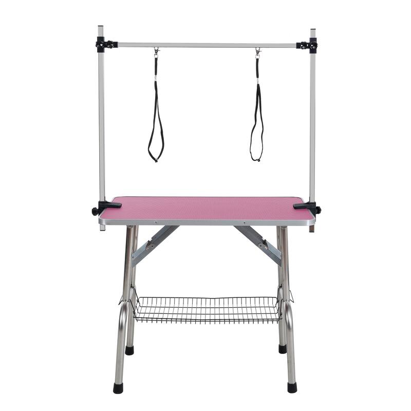 Folding Dog Pet Grooming Table, Stainless Steel Frame Rubber Mat on Board, with Adjustable Arm and Clamps pet dog