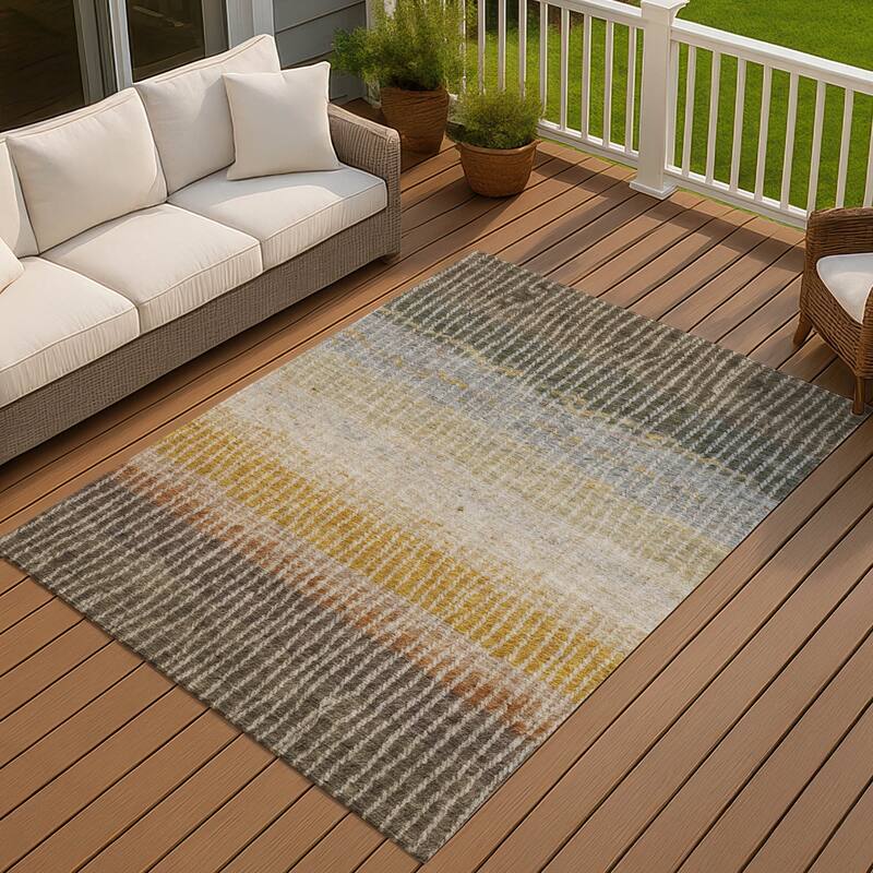 Machine Washable Indoor/ Outdoor Contemporary Stripes Chantille Rug - Fudge - 10' x 14'