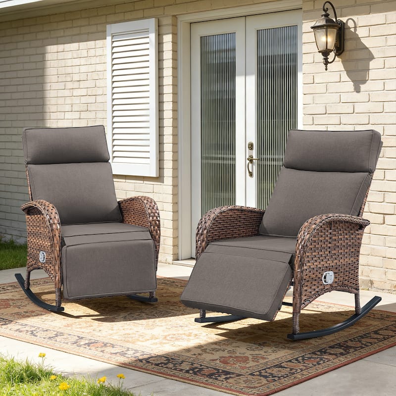 Meyreso Wicker Rocking Reclining Chaise Lounge with Adjustable Backrest & Footrest (2-Pack) - Grey