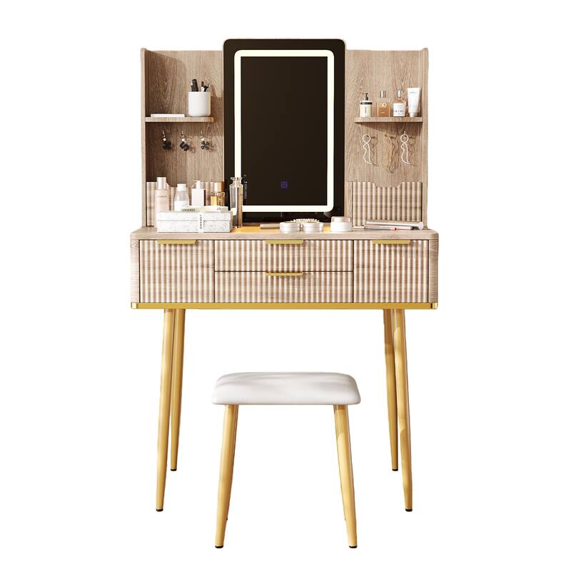 Anmytek 7-Drawer Vanity Desk with LED Mirror & PU Stool - Carved Details & Jewelry Storage for Bedroom
