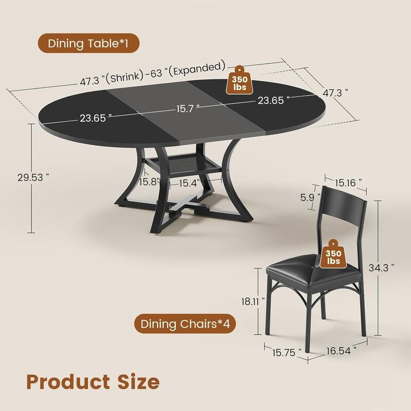 Extendable Dining Table Set 4-6 People 5-Piece Kitchen Table Set with 4 Cushion Chairs
