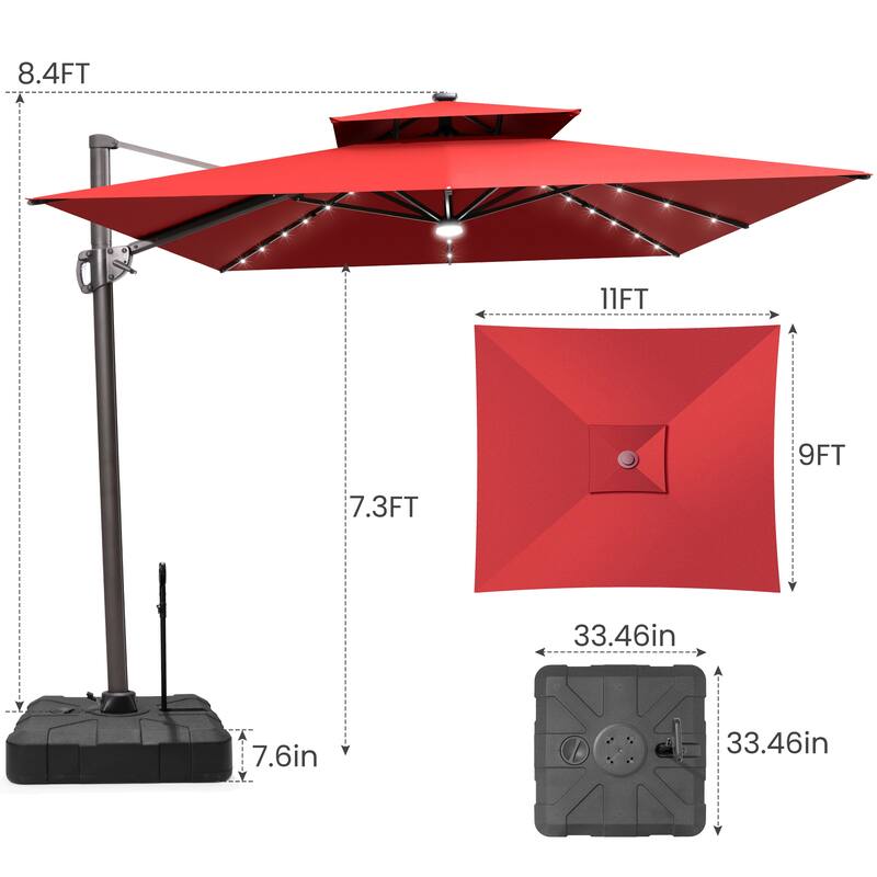 9 FT x 11 FT Outdoor LED Lighted Double Top Patio Cantilever Umbrella with Base