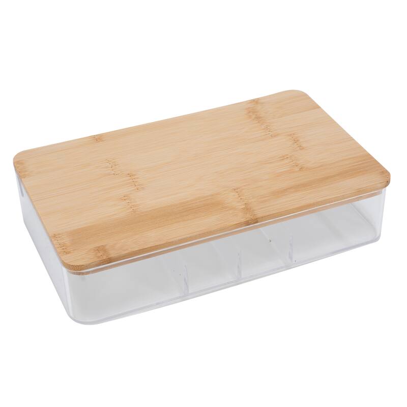 Simplify 5 Compartment Clear Organizer with Bamboo Lid & Mirror - 8.7"x 5.5"x 2"